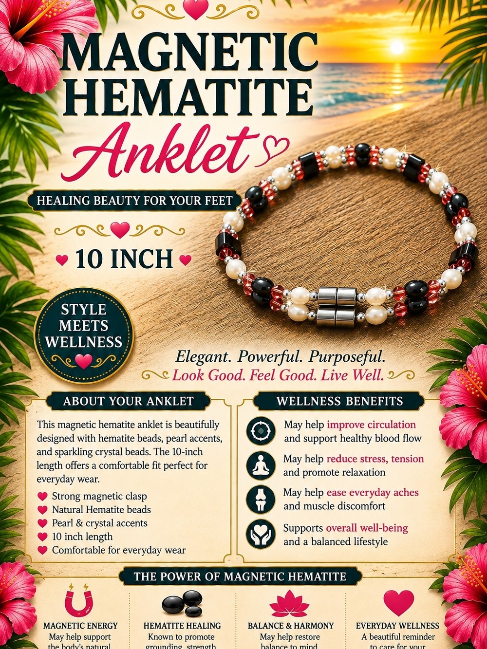 30.  Magnetic Hematite Anklet - Black, Rose & Pearl